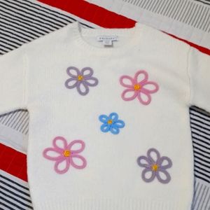 Primark Cream Knit Long Sleeve Floral Round Neck Pullover Sweater 3-4Yrs